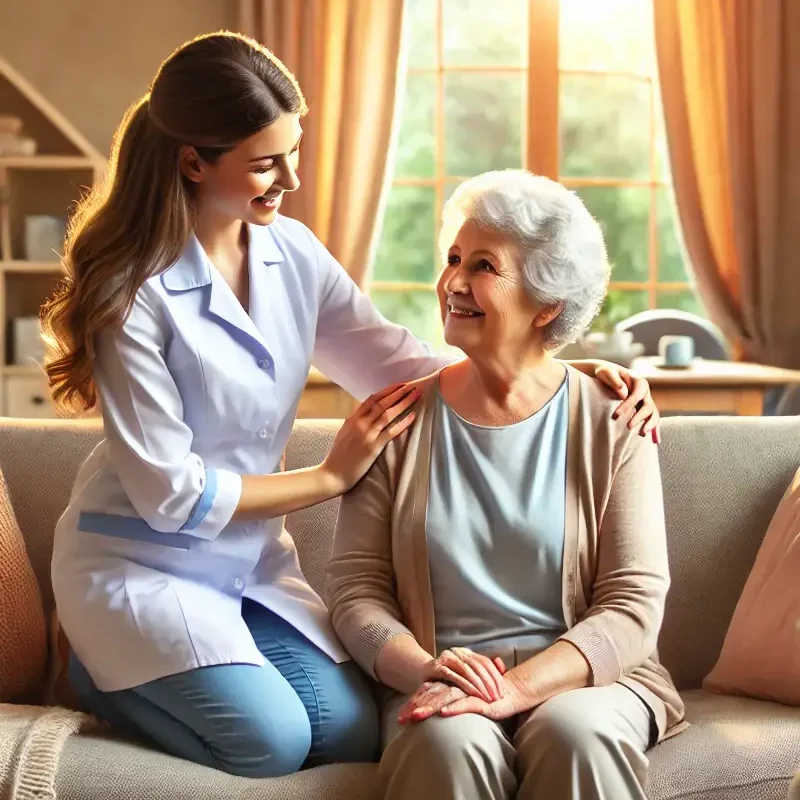 A caregiver in professional attire smiling warmly at an elderly person sitting comfortably on a sofa in a cozy, well-lit living room, emphasizing companionship, support, and a comforting home environment.