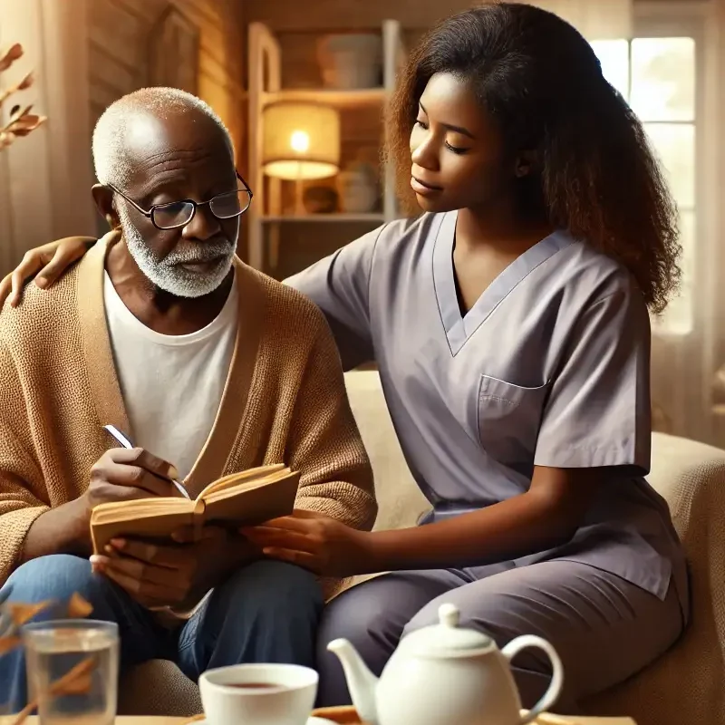 A Black caregiver providing compassionate support to an elderly Black person in a cozy, warmly lit living room. They are reading a book together, creating a calm and reassuring atmosphere that reflects the essence of respite care.